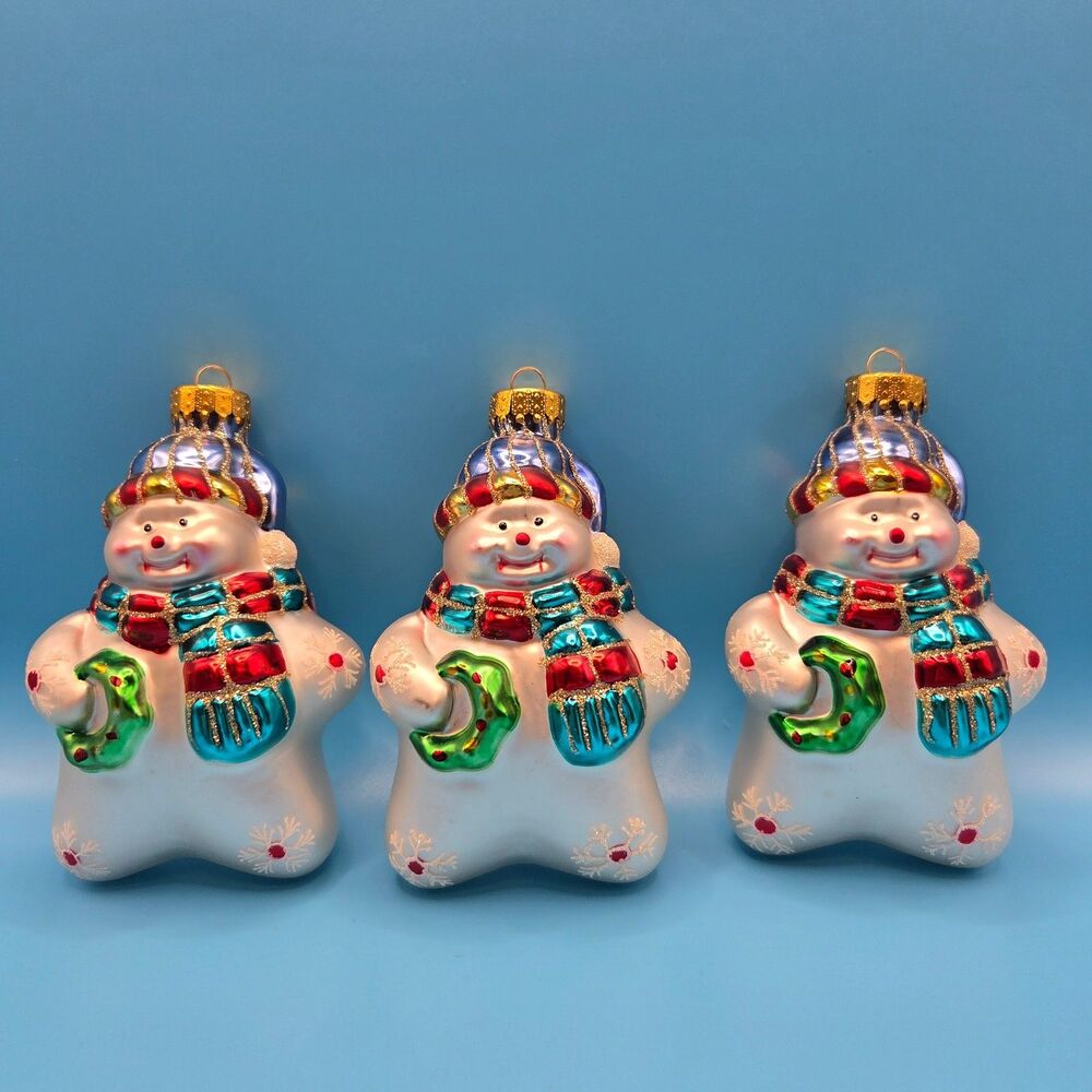 2004 Target Hand Painted Glass Snowman Christmas Ornaments Set of 3 Boxed